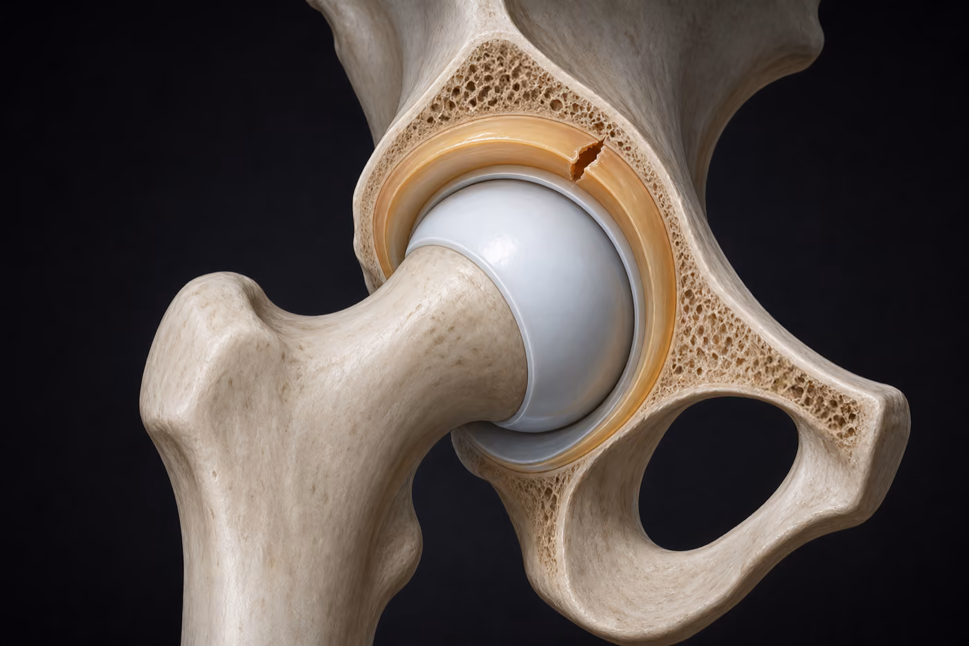 Cutaway illustration of a hip joint showing the labrum as a ring of cartilage around the rim of the socket, with a tear through its upper edge