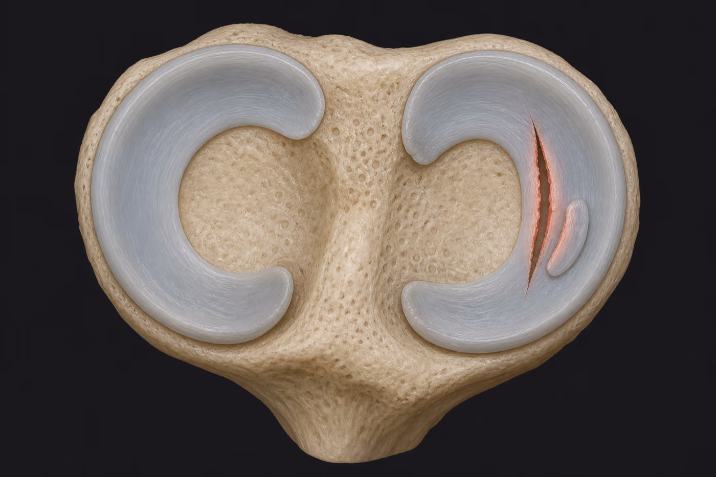 Illustration of the top of the shinbone seen from above, showing both C-shaped menisci, one of them split lengthwise with a displaced fragment