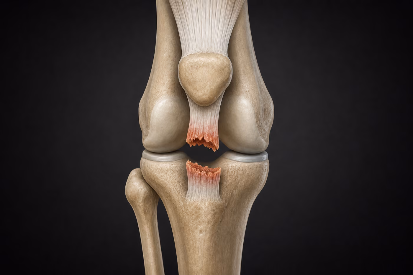 Illustration of a right knee from the front with the patellar tendon torn completely through below the kneecap, the two torn ends separated by a gap and the kneecap sitting high