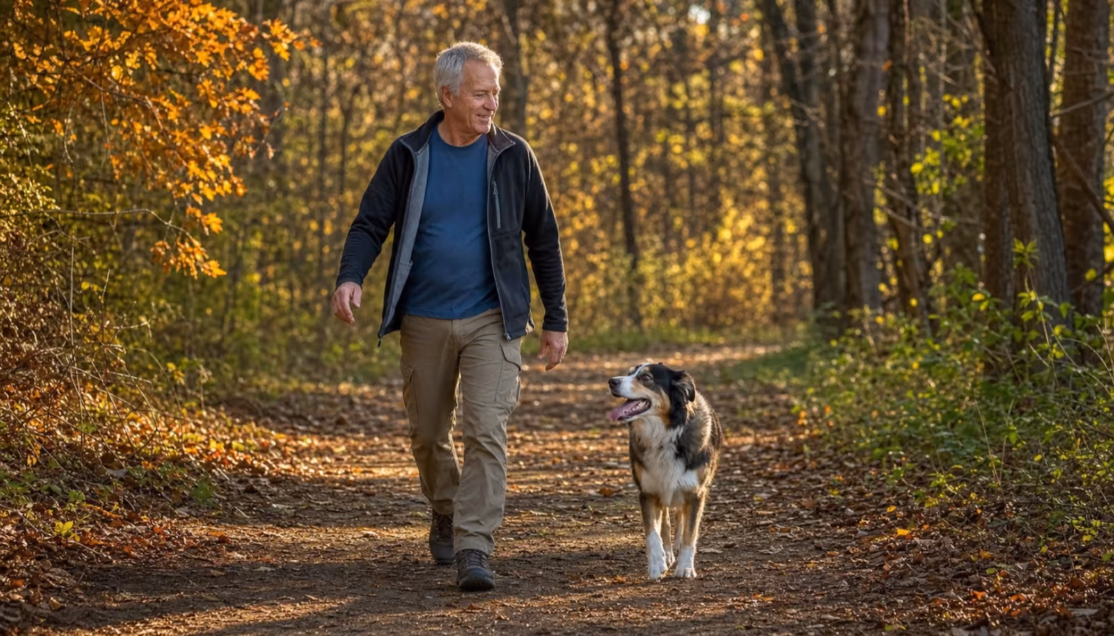 A man in his sixties walks his dog along a wooded trail in the golden evening light