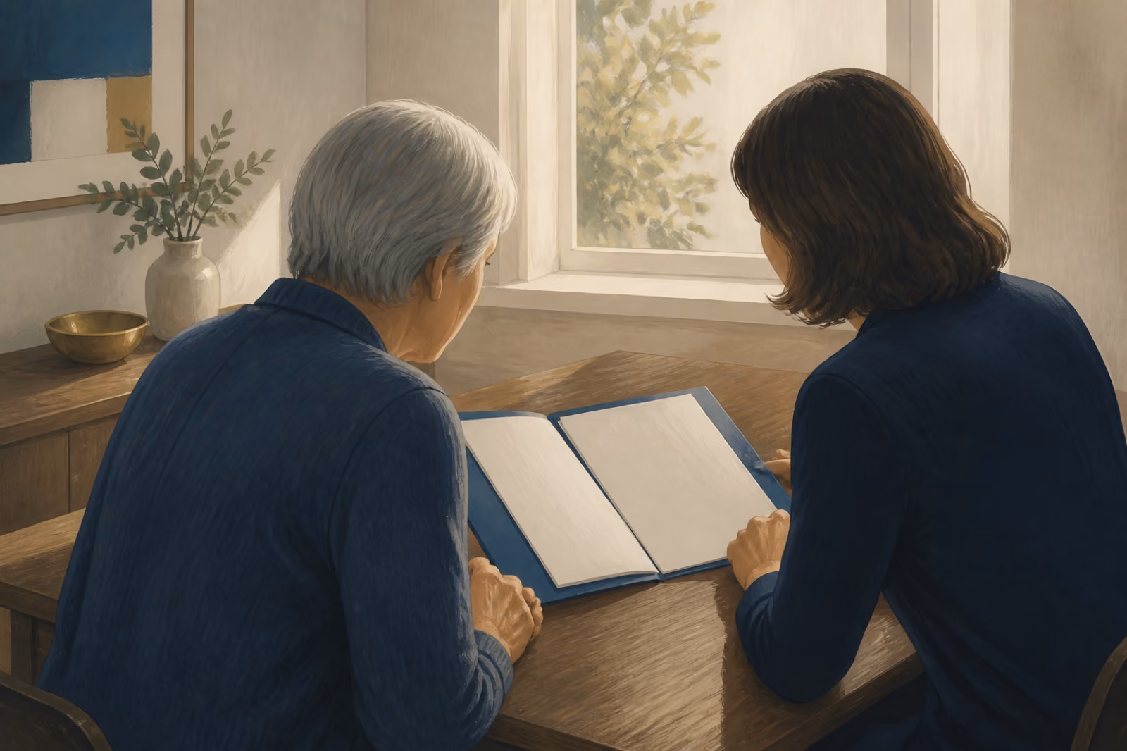 Painted illustration of a patient with grey hair and a clinician in a dark top seated at the corner of a wooden desk, seen from behind the patient, both looking down at an open blue folder, with soft morning light from a window.