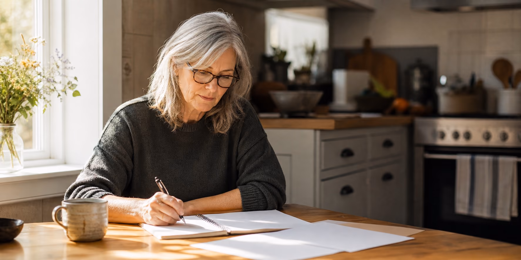 A woman sitting at a kitchen table in morning light, writing notes in a notebook beside a few printed pages
